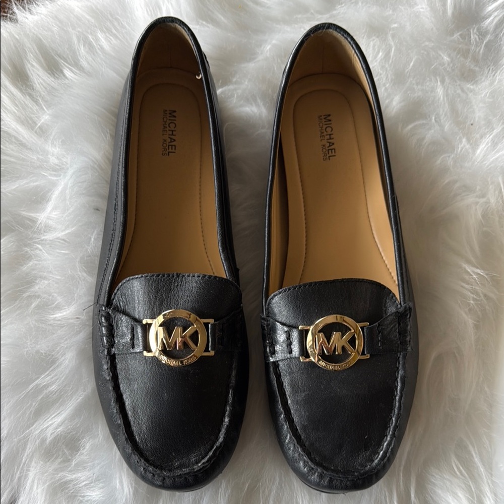 Michael Kors Black Leather Loafers with Gold Accent